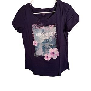 ANNE L. Women Blue Flower Graphic Short Sleeve Shirt size small